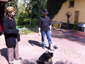 Hündin Lotte sitzt brav vor Frauchen Sigrid Göhler und schaut, was Herrchen will
